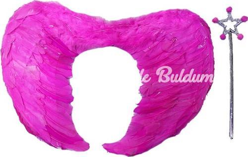 Gerçek Tüylü Katlanabilir Çocuk Pembe Melek Kanadı ve Asa Seti 40x55 cm