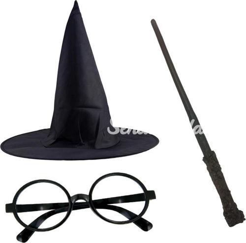 Harry Potter Siyah Şapkası Harry Potter Gözlüğü Harry Potter Asası 3 lü Set