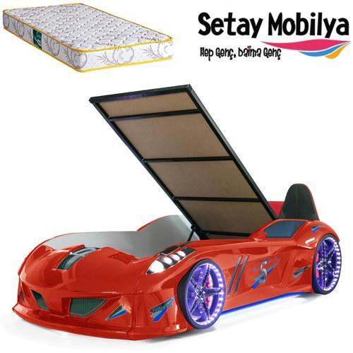 Arabalı Yatak, Jaguar Bazalı Koltuklu Full Ledli Arabalı Yatak - Kırmızı 1 Adet Comfort Yatak