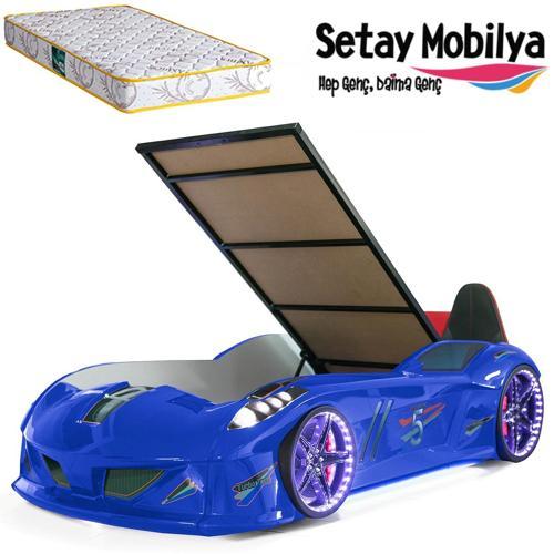 Arabalı Yatak, Jaguar Bazalı Koltuklu Full Ledli Arabalı Yatak - Mavi