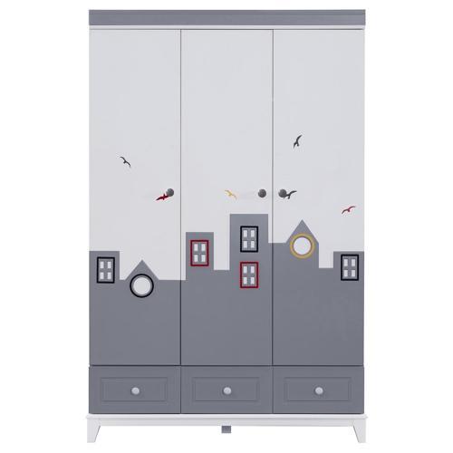 Montessori Çocuk Odası - City Montessori 3 Kapılı Dolap, Yavrulu Karyola - Gri