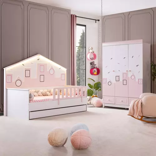 Montessori Çocuk Odası - City Montessori 3 Kapılı Dolap, Yavrulu Yatak - Pembe