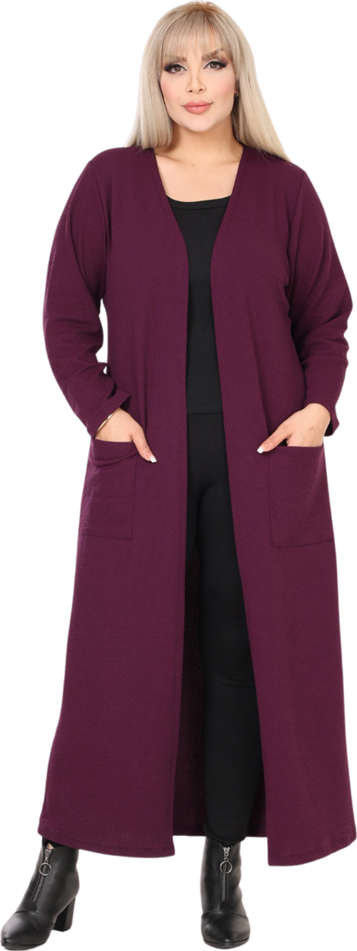 Butik Kadın Mor Büyük Beden Önü Açık Ceket Yaka Örme Uzun Hırka