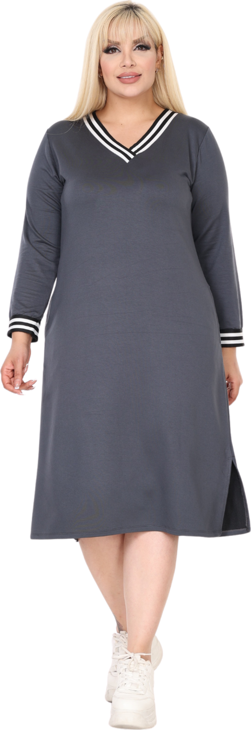 Butik Antrasit Yakası Şeritli V Yaka Uzun Kol İki İplik Elbise