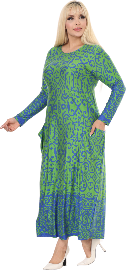 Butik Yeşil Mavi Kilim Desen Uzun Kollu Cepli Uzun Elbise