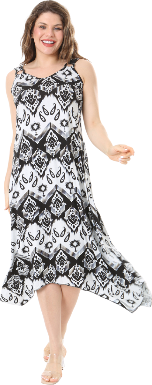 Butik Siyah Beyaz Baklava Desen Askılı V Yaka Elbise