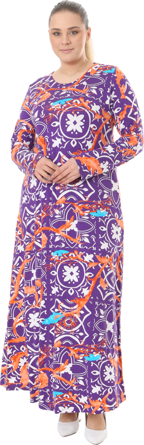 Butik Mor Retro Desen Uzun Kollu Kadın Elbise