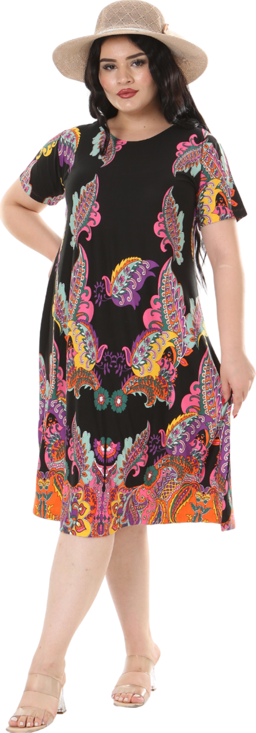 Butik Siyah Şal Desen Kısa Kollu Büyük Beden Midi Elbise