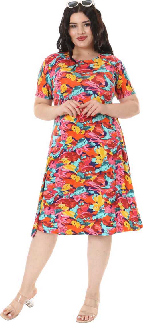 Butik Sarı Gül Desen Kısa Kollu Büyük Beden Midi Elbise