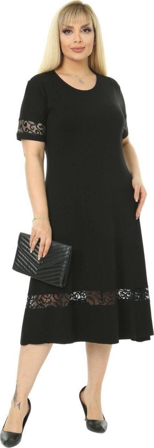 Butik Dantel Detaylı Siyah Kadın Büyük Beden Midi Elbise