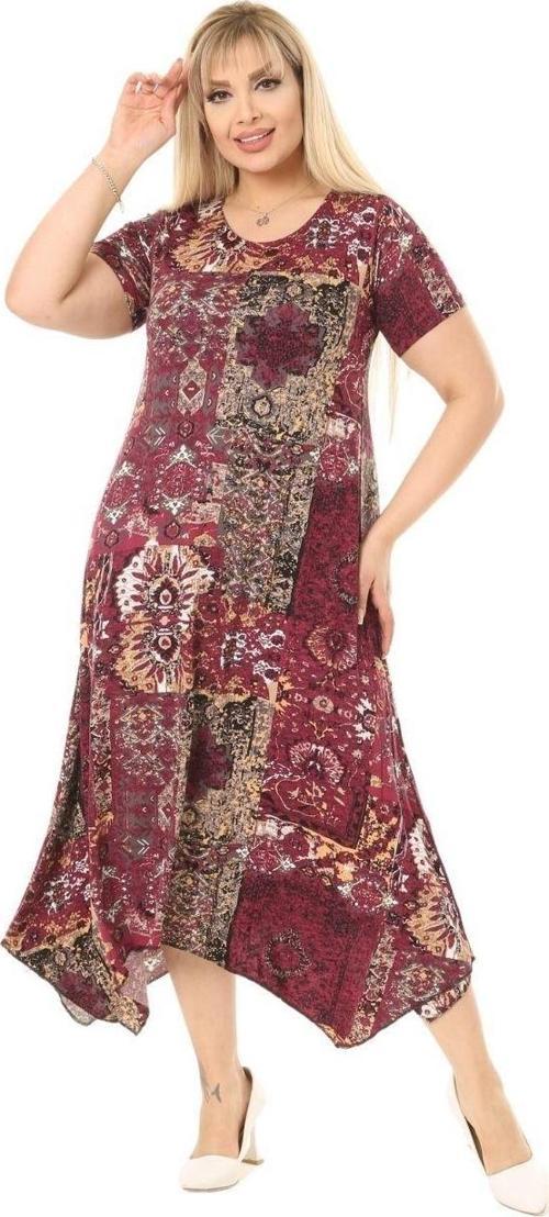 Butik Bordo Etnik Desen Asimetrik Kısa Kollu Uzun Elbise