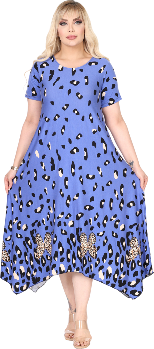Butik Mavi Sulu Leopar Desen Asimetrik Kısa Kollu Elbise