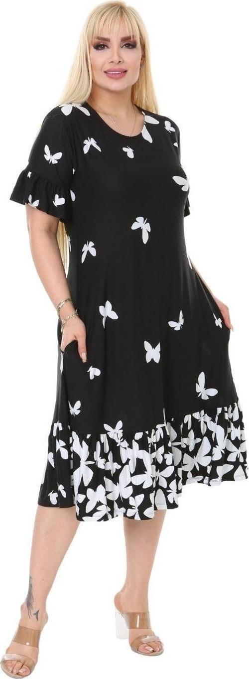 Butik Kelebek Desen Cepli Fırfırlı Kısa Kol Kadın Midi Elbise