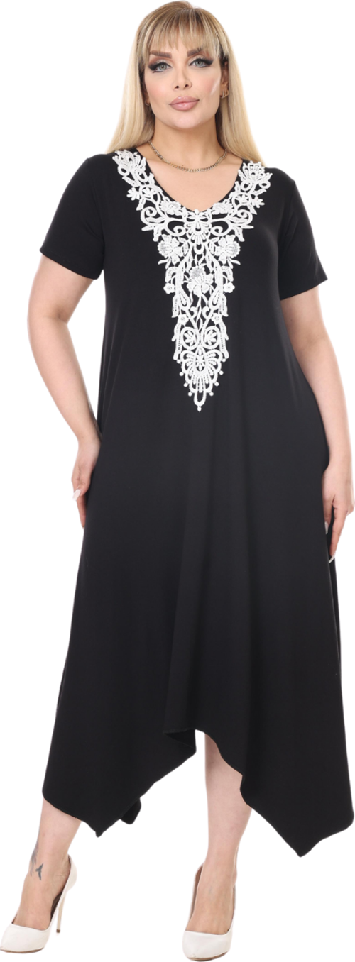 Butik Siyah Dantel Yaka Detaylı Asimetrik Kısa Kollu Elbise
