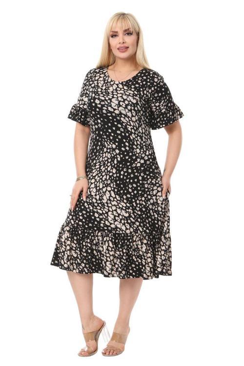 Butik Çakıltaşı Desen Cepli Fırfırlı Kısa Kol Kadın Midi Elbise