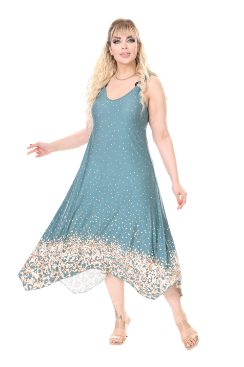 Butik Askılı V Yaka Yeşil Puanlı Eteği Leopar Desen Elbise