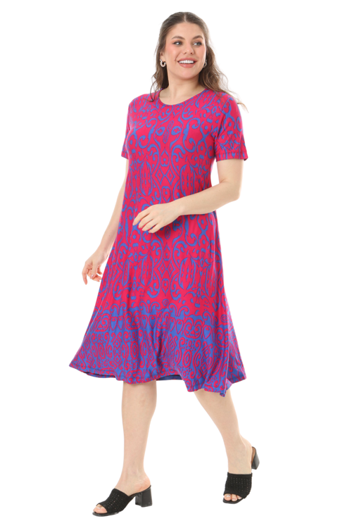 Butik Pembe Kilim Desen Kısa Kollu Büyük Beden Midi Elbise