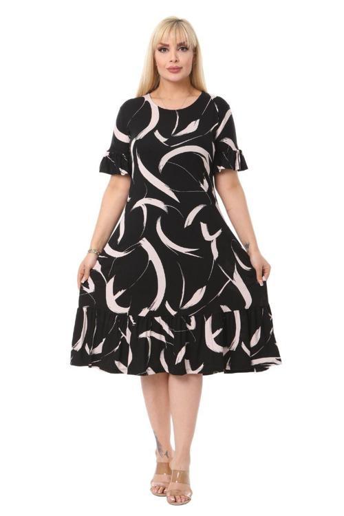 Butik Tüy Desen Cepli Fırfırlı Kısa Kol Kadın Midi Elbise