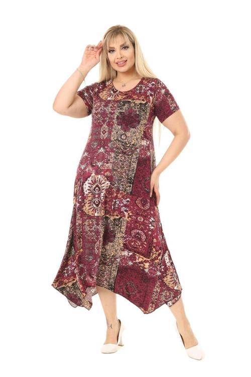 Butik Bordo Etnik Desen Asimetrik Kısa Kollu Uzun Elbise
