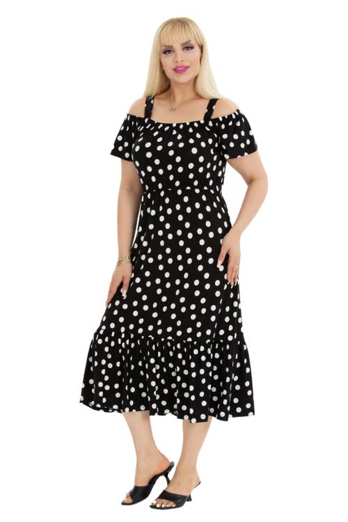 Butik Beyaz Puantiye Desen Madonna Yaka Askılı Midi Elbise