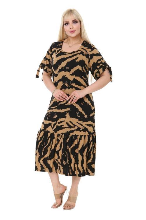 Butik Vizon Zebra Desen Bağlamalı Kısa Kollu Kadın Midi Elbise