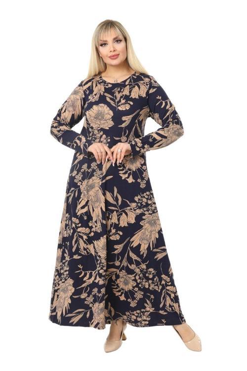 Butik Lacivert Yaprak Desen Kollu Kadın Uzun Tesettür Elbise
