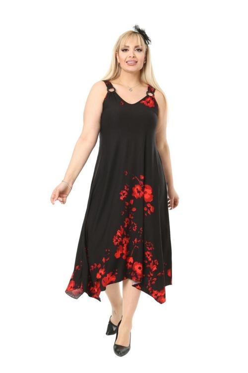 Butik Gelincik Desen Askılı V Yaka Uzun Elbise