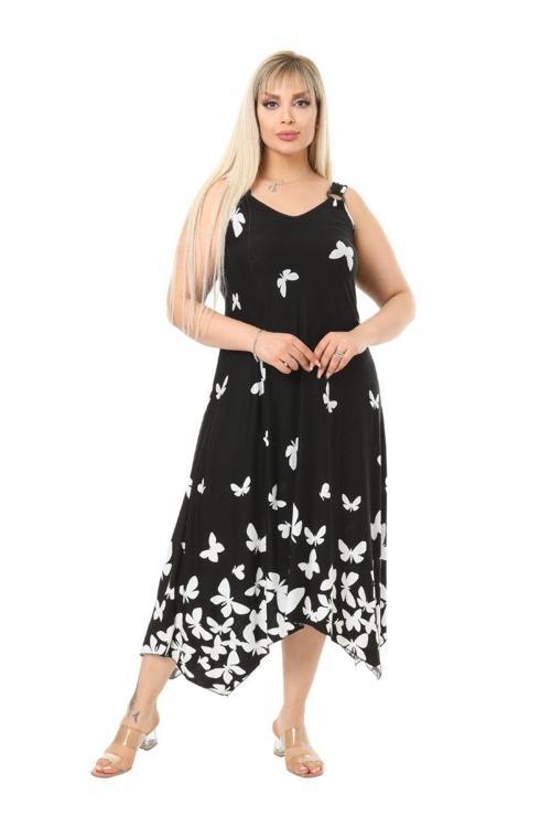 Butik Kelebek Desen Askılı V Yaka Uzun Elbise