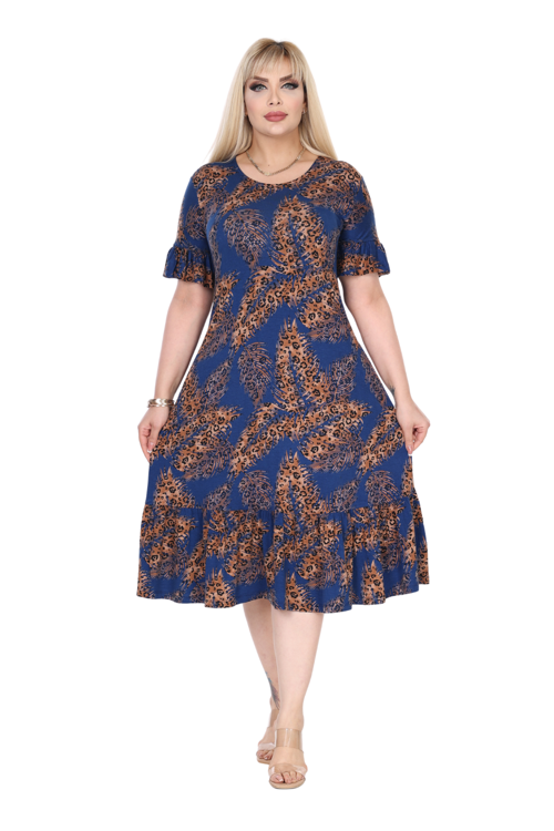 Butik Lacivert Başak Desen Eteği Fırfırlı Cepli Büyük Beden Kadın Elbise