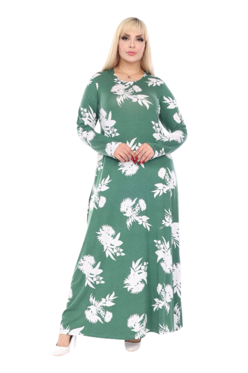 Butik Yumoş Kumaş Yeşil Beyaz Yaprak Desen Uzun Kollu Kadın Tesettür Elbise