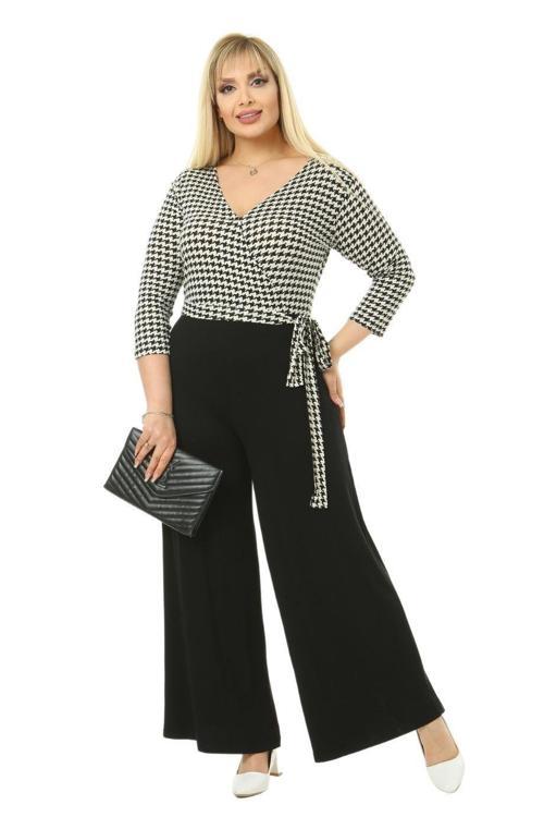 Butik Kruvaze Yaka Kazayağı Desen Büyük Beden Kadın Tulum