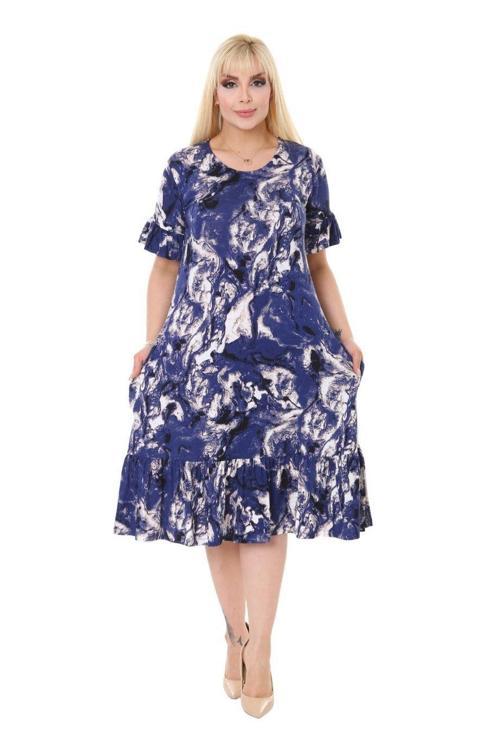 Butik Mavi Batik Desen Fırfırlı Kısa Kollu Kadın Midi Elbise