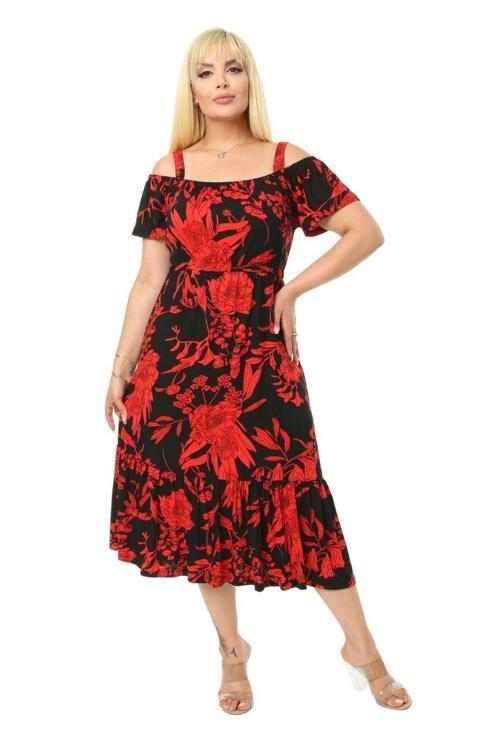 Butik Kırmızı Yaprak Desen Askılı Madonna Yaka Midi Elbise