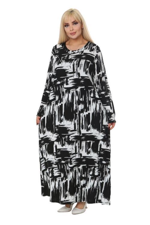 Butik Siyah Fırça Desen Kollu Kadın Uzun Tesettür Elbise