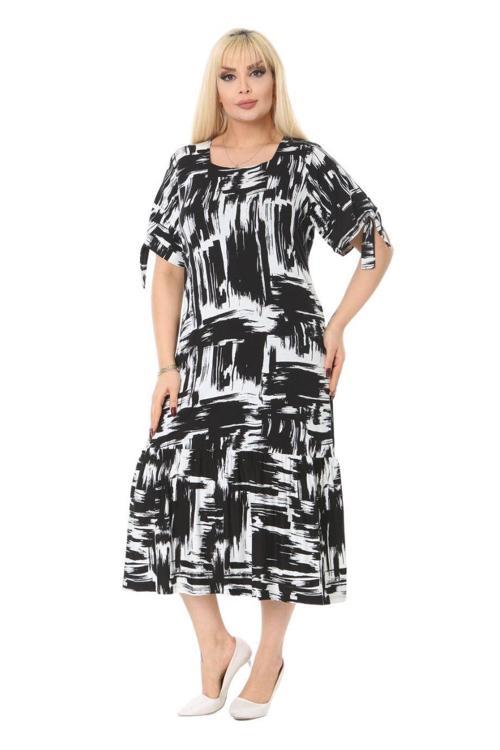 Butik Fırça Desen Bağlamalı Kısa Kollu Kadın Midi Elbise