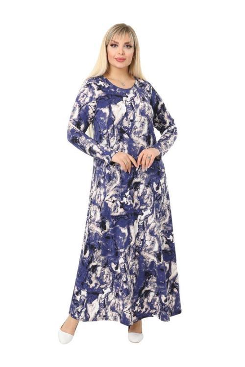 Butik Mavi Batik Desen Kollu Kadın Uzun Tesettür Elbise
