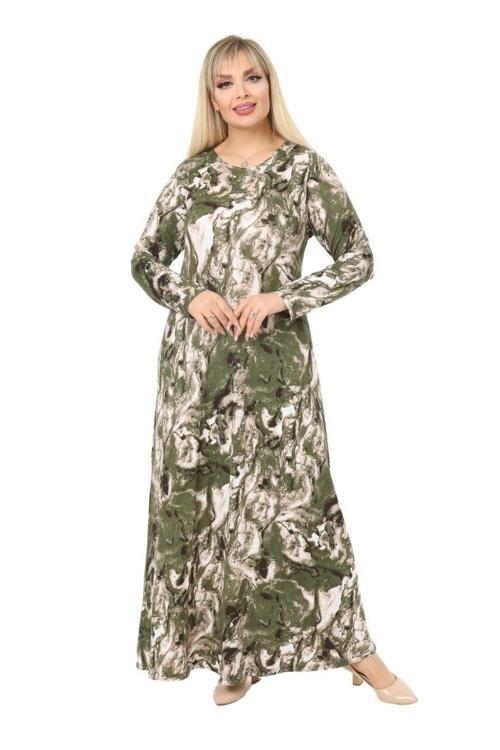 Butik Yeşil Batik Desen Kollu Kadın Uzun Tesettür Elbise