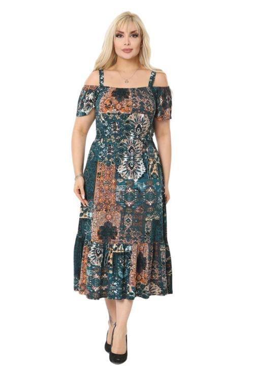 Butik Petrol Yeşili Askılı Madonna Yaka Midi Elbise