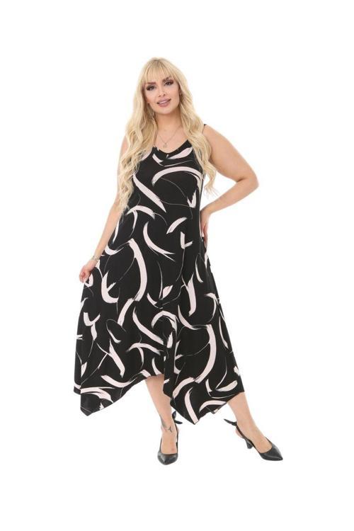 Butik Siyah Tüy Desen Askılı V Yaka Uzun Elbise