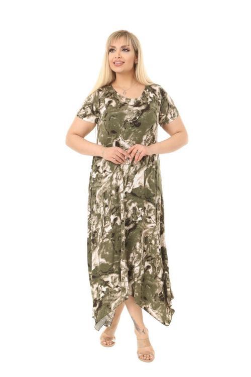 Butik Yeşil Batik Desen Asimetrik Kısa Kollu Uzun Elbise