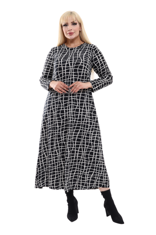 Butik Siyah Uzun Kollu Ekose Desenli Büyük Beden Tesettür Elbise
