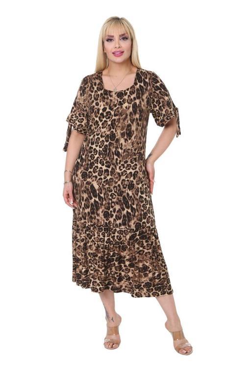 Butik Büyük Leopar Bağlamalı Kısa Kollu Kadın Midi Elbise