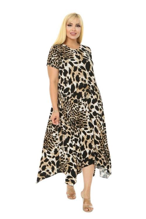 Butik Kaplan Desen Asimetrik Kısa Kollu Uzun Elbise