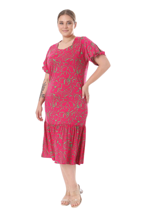 Butik Fuşya Çiçek Desen Kolları Bağlamalı Kısa Kollu Elbise