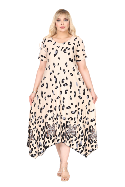 Butik Bej Sulu Leopar Desenli Asimetrik Kısa Kollu Elbise