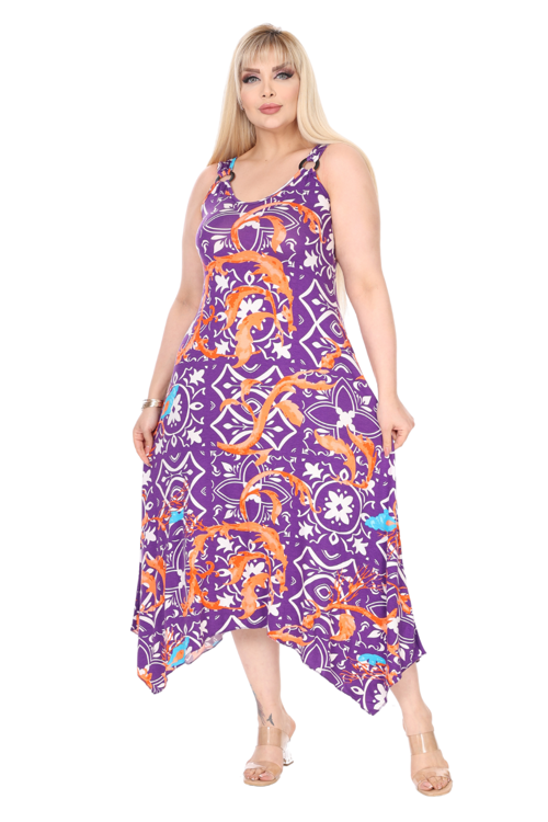 Butik Askılı V Yaka Toka Detaylı Mor Retro Desen Elbise