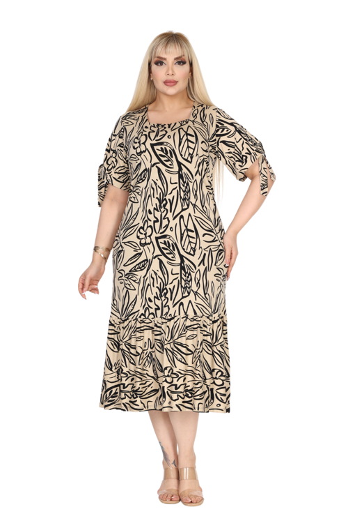 Butik Ekru Yaprak Desen Kolları Bağlamalı Kısa Kollu Elbise