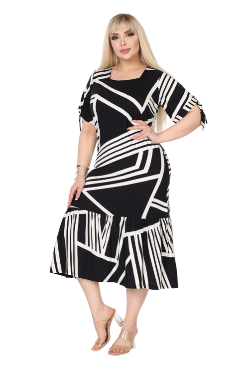 Butik Siyah Çizgili Desen Kolları Bağlamalı Kısa Kollu Elbise