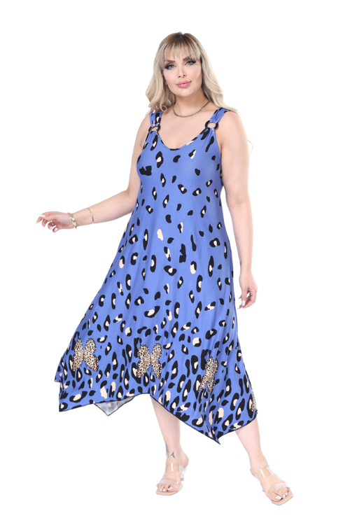 Butik Askılı V Yaka Mavi Sulu Leopar Desen Elbise