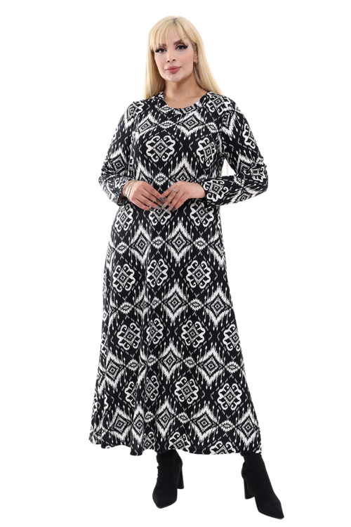 Butik Uzun Kollu Siyah Etnik Desenli Büyük Beden Tesettür Elbise
